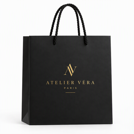 Custom Black Cardstock Paper Bags with Gold Foil & Rope Handles