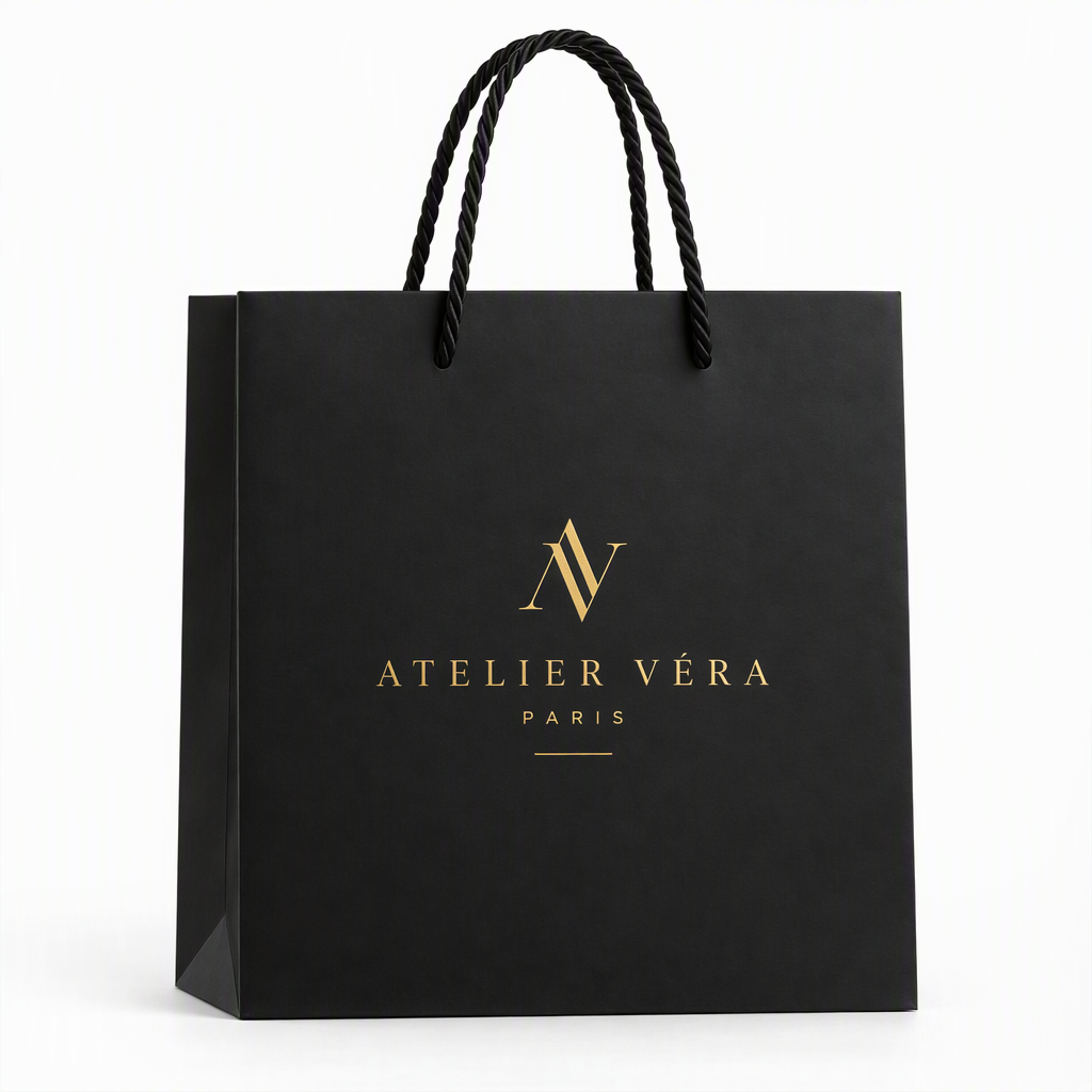 Custom Black Cardstock Paper Bags with Gold Foil & Rope Handles
