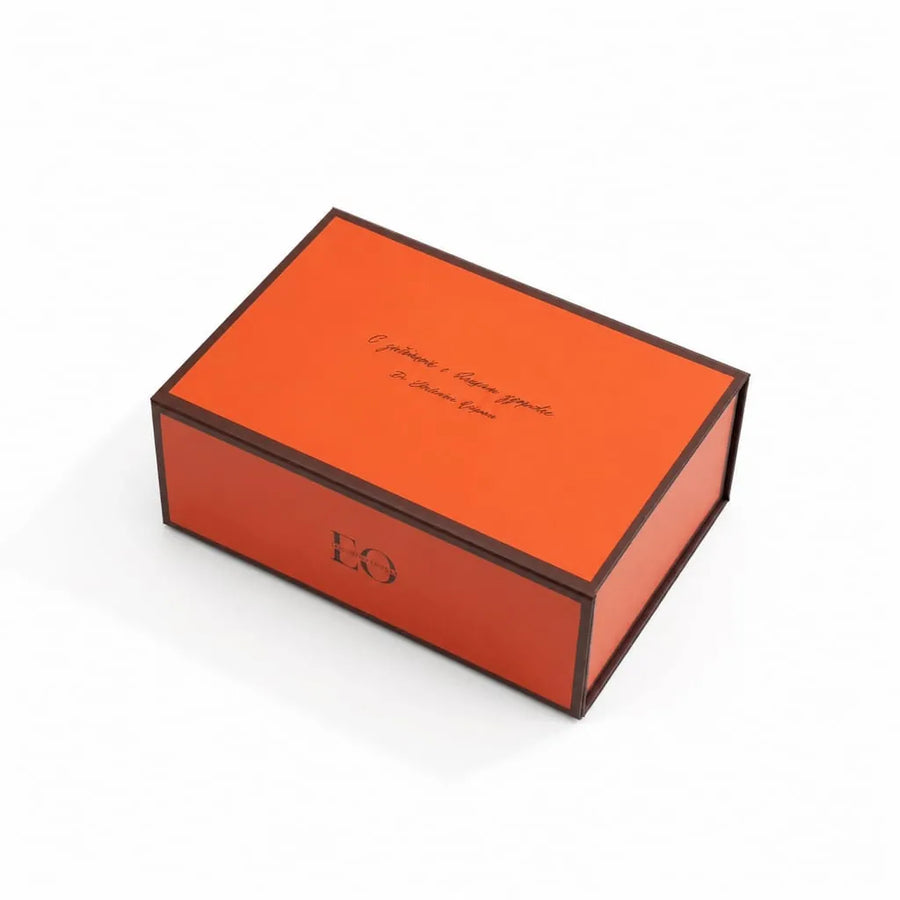 White background orange collapsible box closed view