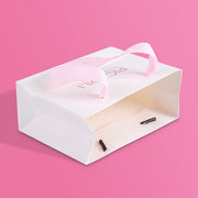 Personalized White Paper Bags with Pink Ribbon Handles | Custom Printed Shopping & Gift Bags